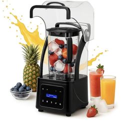 Commercial blender featuring a heavy-duty sound enclosure, a 2200-watt high-speed motor, a 60-ounce BPA-free pitcher, and 5 preset functions—suitable 