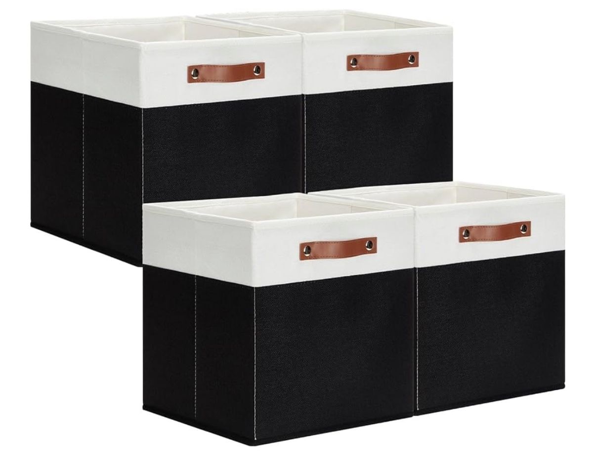Set of 8 Collapsible Black and White with Leather Handle Storage Bins