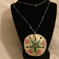 18” Silver Necklace With Hand Painted Large Pendant 