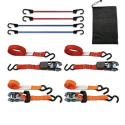 Hyper Tough Steel Ratchet Tie Downs and Bungee Cords Set, 8 Pack
