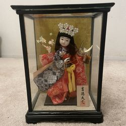 Antique Japanese Porcelain Doll Girl Warrior Glass Case 12x9