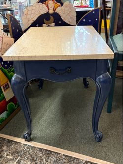 Elegant Navy Blue End Table with Travertine Stone Top | Queen Anne Style