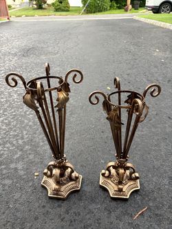 2 Bronze Toned Metal Pedestal Stands Leaf Accents Scrolled Top Rim