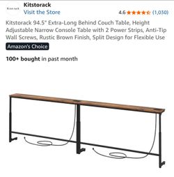 94.5" Extra-Long Behind Couch Table, Height Adjustable Narrow Console Table with 2 Power Strips, Anti-Tip Wall Screws, Rustic Brown Finish
