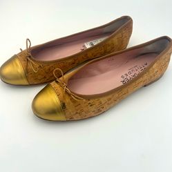 Paul Mayer Attitudes Ballet Flats Love Cork Metallic Gold Leather Cap Toe 9.5