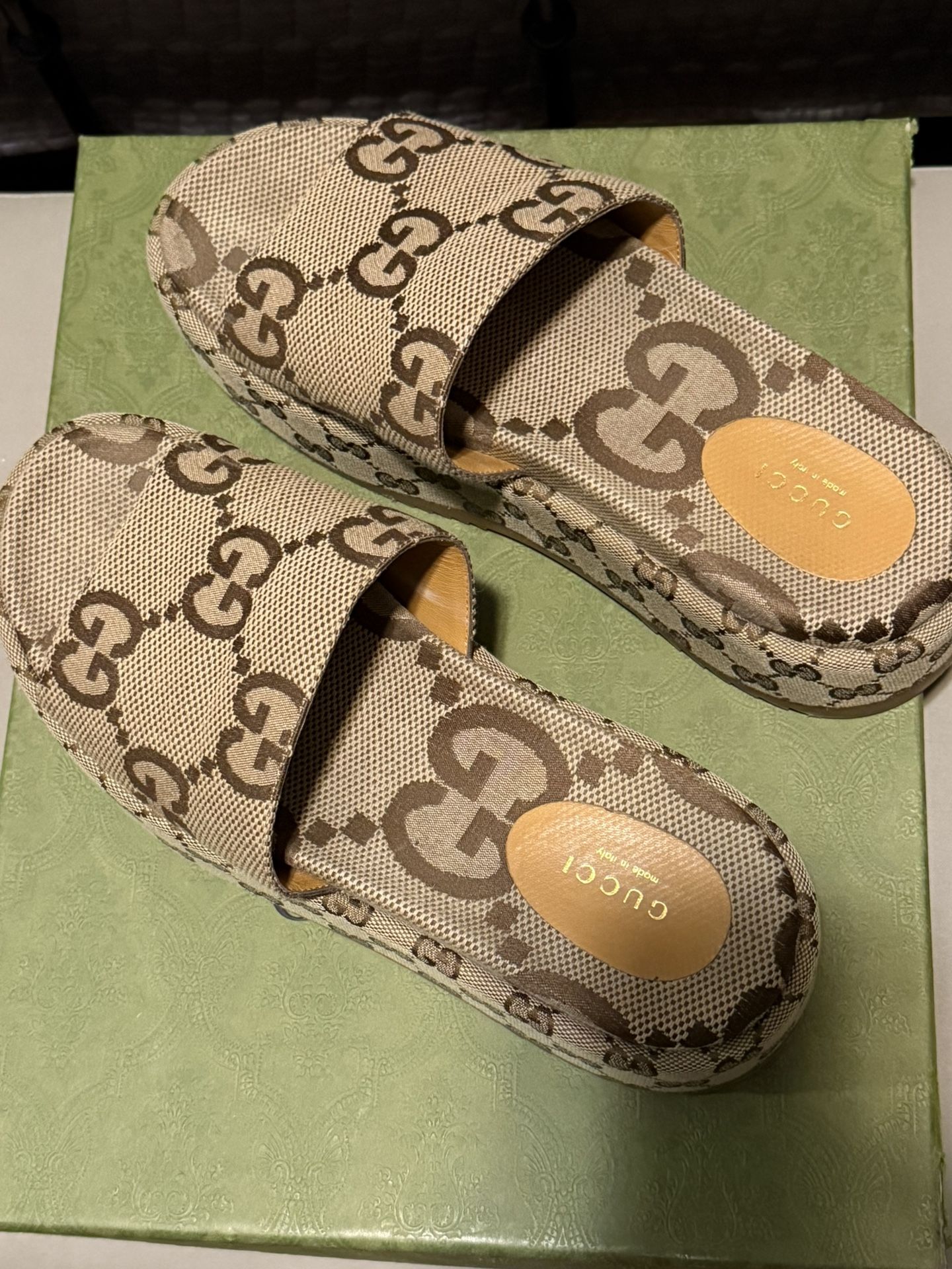 Gucci Macro GG Canvas Camel Ebony Slides Sandals