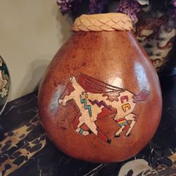 Southwestern Leather Wrapped Carved Gourd Vase Signed D Stowell Fat Pony