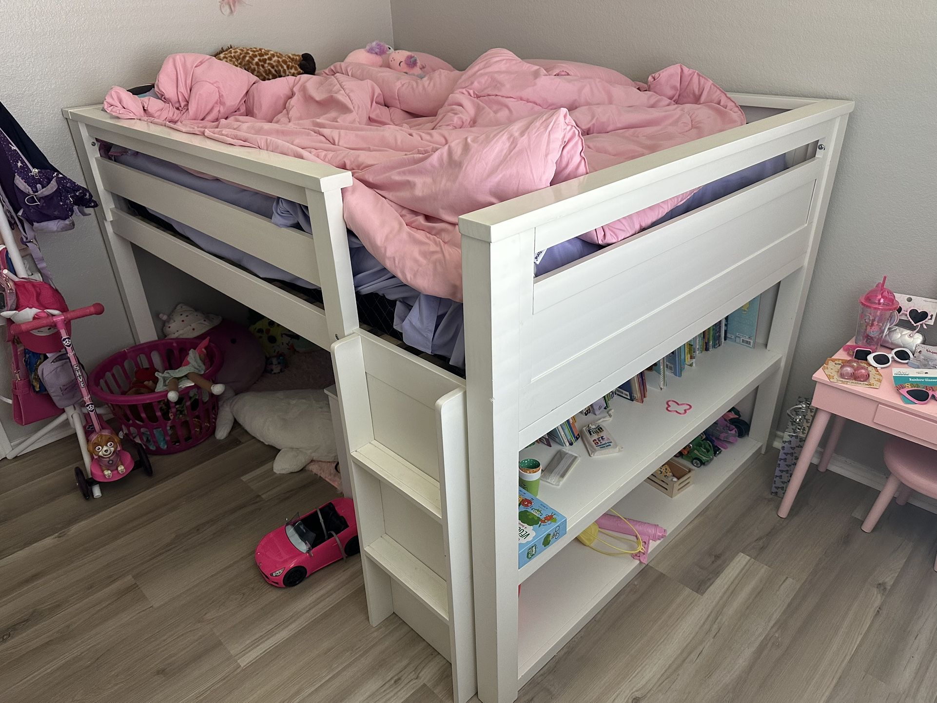 Loft bed frame with book shelf