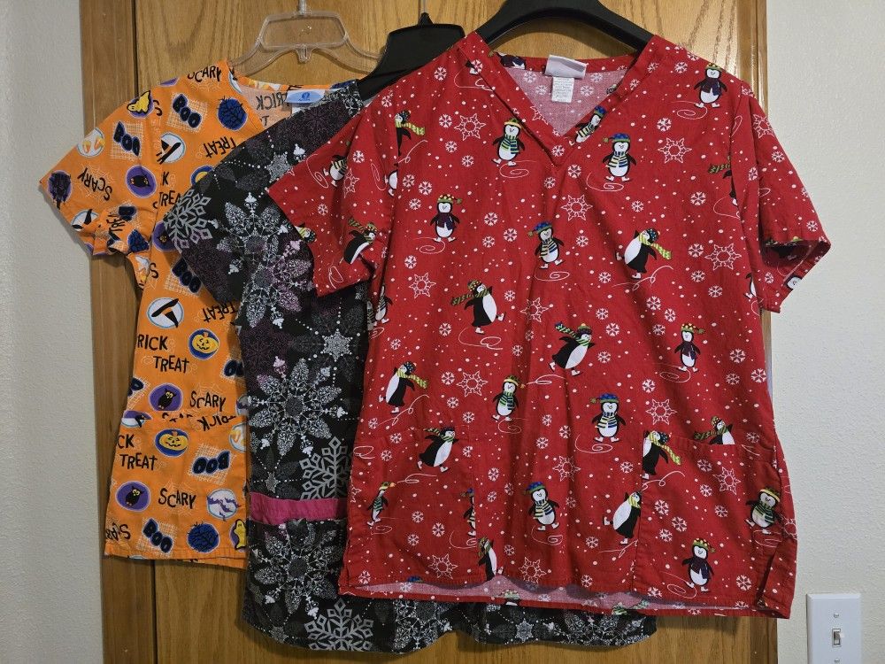 Festive Holiday Scrub Tops, Women's,  XS-MED