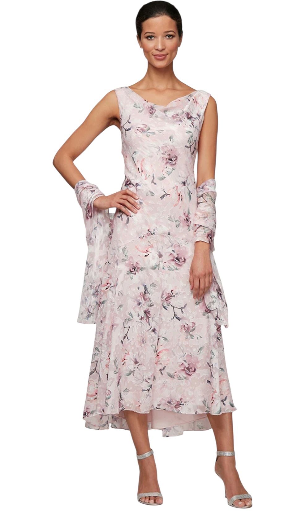 ALEX EVENINGS Womens Ruffle Maxi Dress Size 14 Pink Floral Cowl Neck Sheer