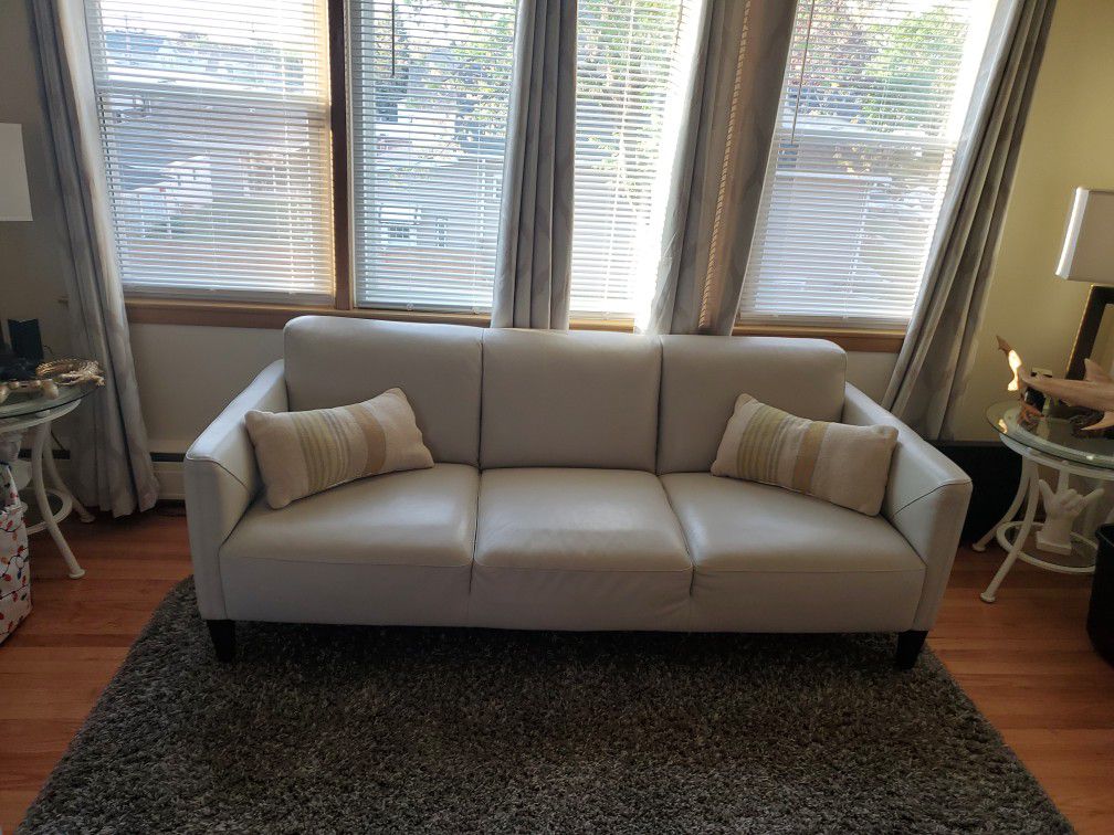 White Leather Sofa and 2 White End Tables Set