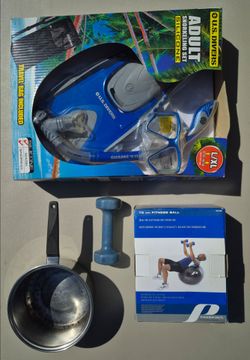 MIXED LOT, SNORKEL SET, 4LB DUMBBELL, FITNESS BALL, SAUCE PAN