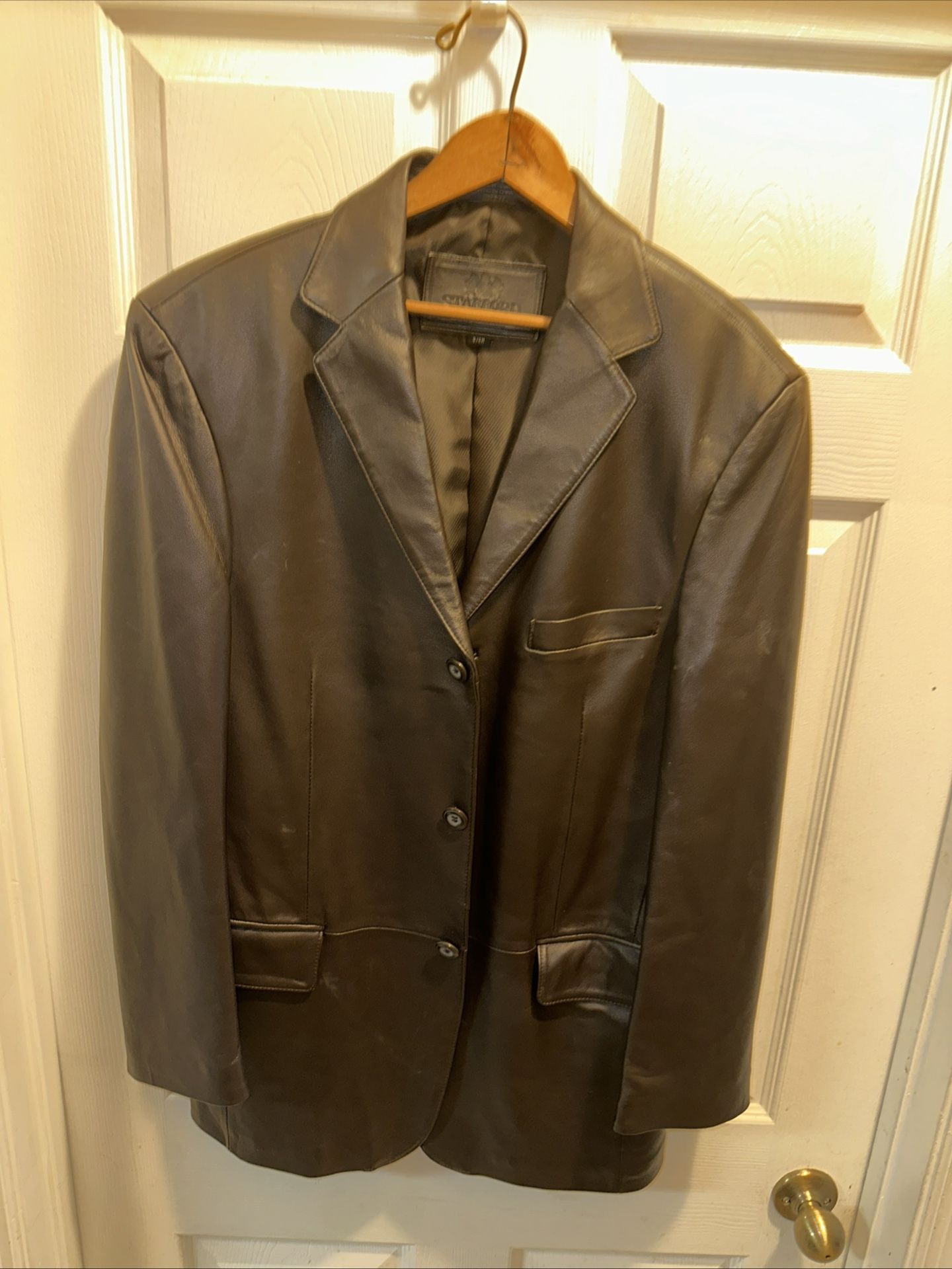 Stafford Single Breasted Brown Leather Lined Sport Blazer Jacket Small 3-Button