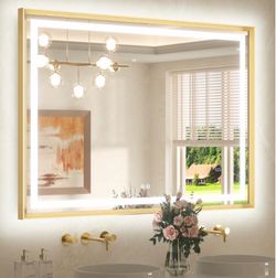 48 X 36 Bathroom LED Mirror Brushed Gold Metal Frame Frontlit & Backlit Vanity Mirror Stepless Dimmable Anti-Fog 3 Colors White/Warm/Natural Light Up 