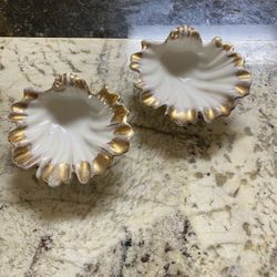 Vintage Pair Of  Porcelain White shells With Gold Trim  And footed Bottom