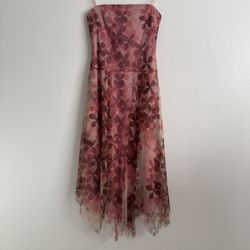 BCBGMAXAZRIA Y2K Pink Mauve Floral Print Tulle Strapless Handkerchief Midi Dress