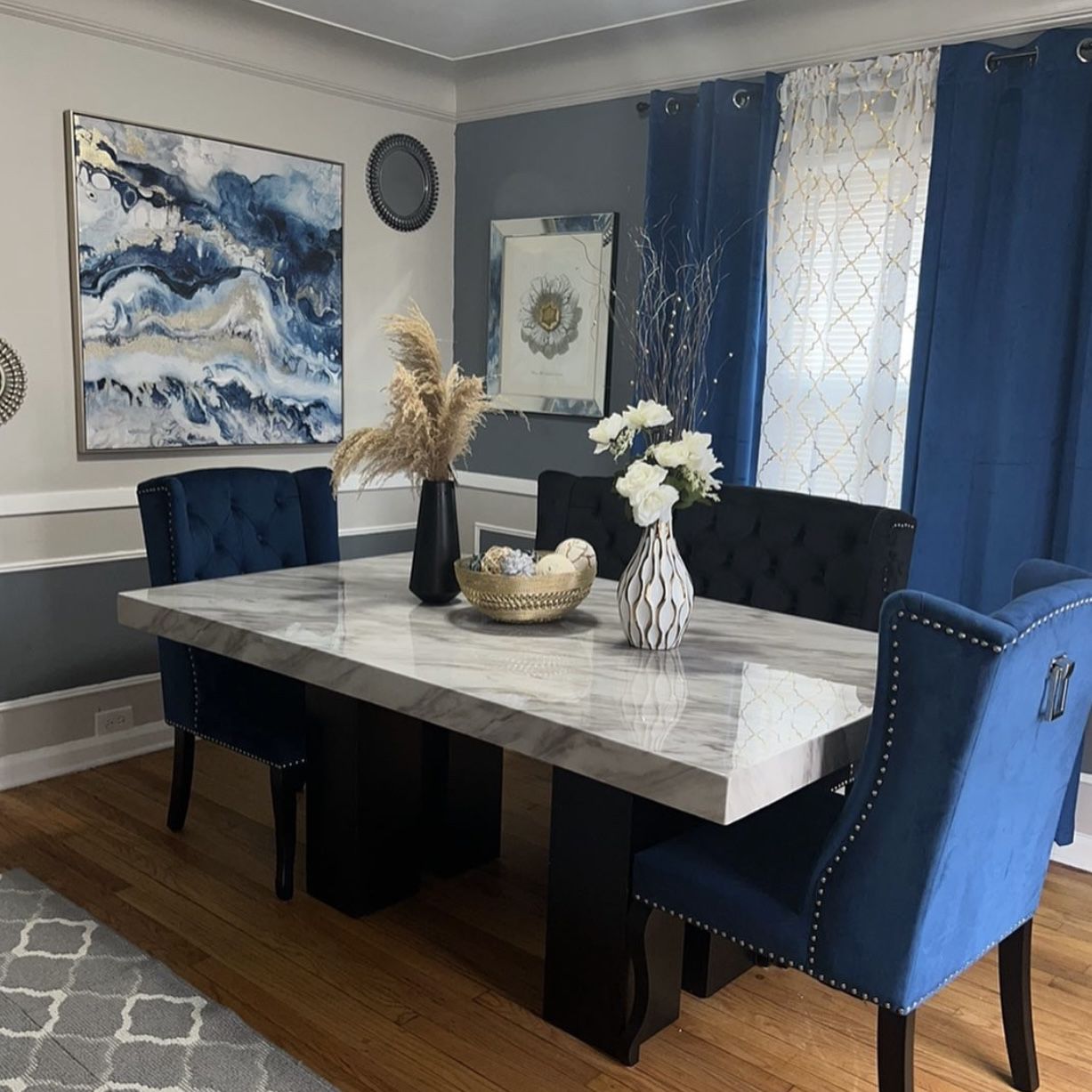 Dining Room Table With Two Blue Chairs 