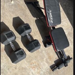95lbs pair of rubber hex dumbbells And Bench. 