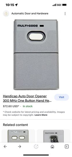 Handicap Auto Door Opener 300 MHz One Button Hand-Held Thumbnail
