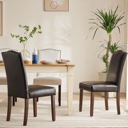NEW Dark Brown Leather Dining Chair Set of 2, Upholstered Side Chairs with Nailhead Trim and Wood