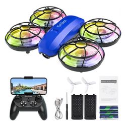 Mini RC Drone for Kids with Camera LED Lights 2 Batteries Blue