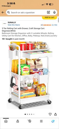 3 Tier Rolling Cart with Drawer, Craft Storage Cart Organizer,White