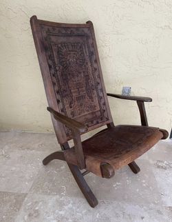 - Antique Leather & Wood Folding Armchair with Hand Tooled Embossed - Perviuan / Aztec Design
