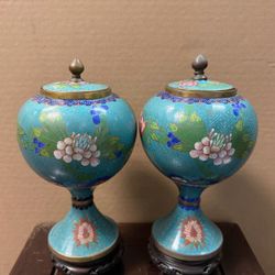 Pair of Vintage Chinese Cloisonné Lidded Jars - 21cm 
