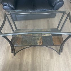Modern Glass & Slate Stone Console Table with Metal Frame
