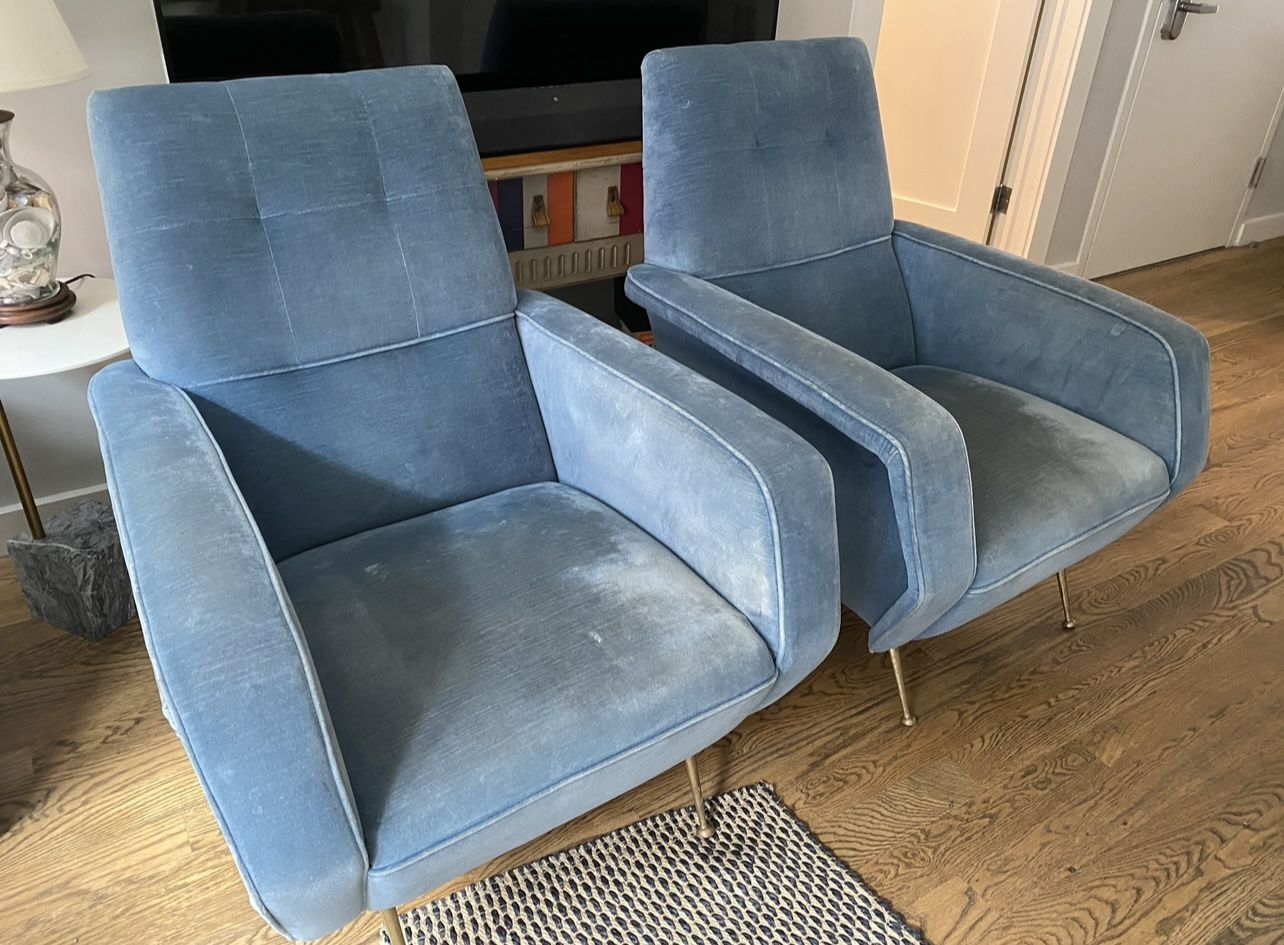 Blue Turquoise Velvet Velour Suede Lounge Arm Chair article cb2 West elm Italian