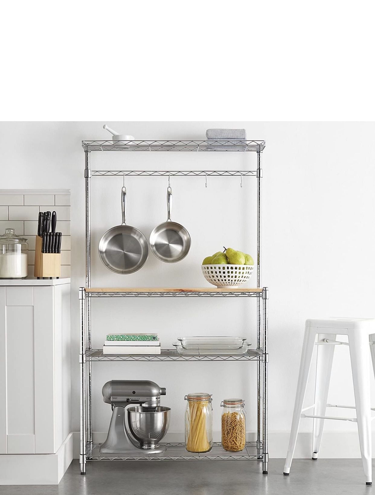 Kitchen Storage Baker's Rack with Wood Table, Chrome/Wood - 63.4" Height