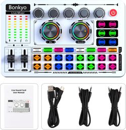 Audio Mixer White Live Sound Card, Audio Interface with Voice Changer, Bluetooth, Built-In Battery, Noise Reduction, Dj Mixer for Live Streaming/Podca