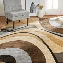 Modern Abstract Area Rug 5x7 ft – Soft Non-Slip Living Room Bedroom Carpet Brown Grey