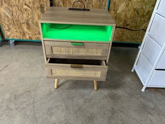 Rattan Nightstand with Charging Station, LED Night Stand for Bedroom, Wood End Table with USB Ports, Boho Bedside Table with 2 Drawers, Natural