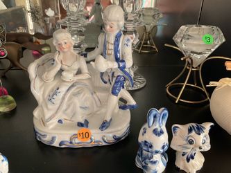 Vintage Porcelain Courting Couple Figurine – Blue & White with Gold Accents
