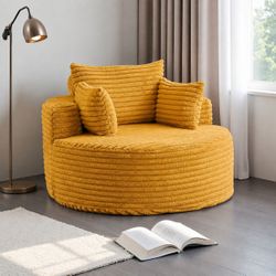 50” Large Mustard Yellow Deep Corduroy High Density Foam Injected Boneless Barrel Sofa Chair Lounger [NEW] **No Assembly Req