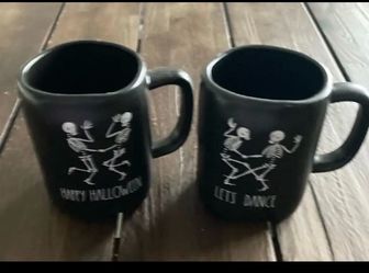 Set Of 2 Rae Dunn Magenta Skeleton Black Mugs “Let’s Dance”“Happy Halloween”