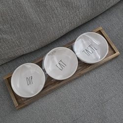 Brand New Rae Dunn 3 Dish Serving Bowls With Wooden Tray  16 1/2" x 5" 