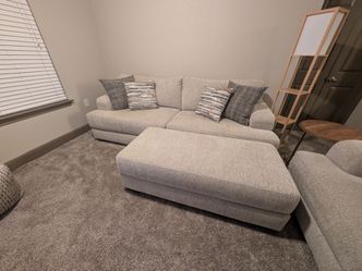 Light Taupe/Beige Sofa with Ottoman and Throw Pillows