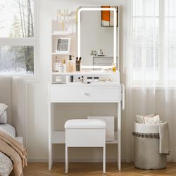 Small Vanity Desk with LED Mirror and Charging Station, Makeup Vanity Set with Storage Chair, White Compact Dressing Table with Fold-up Panel, Drawer 