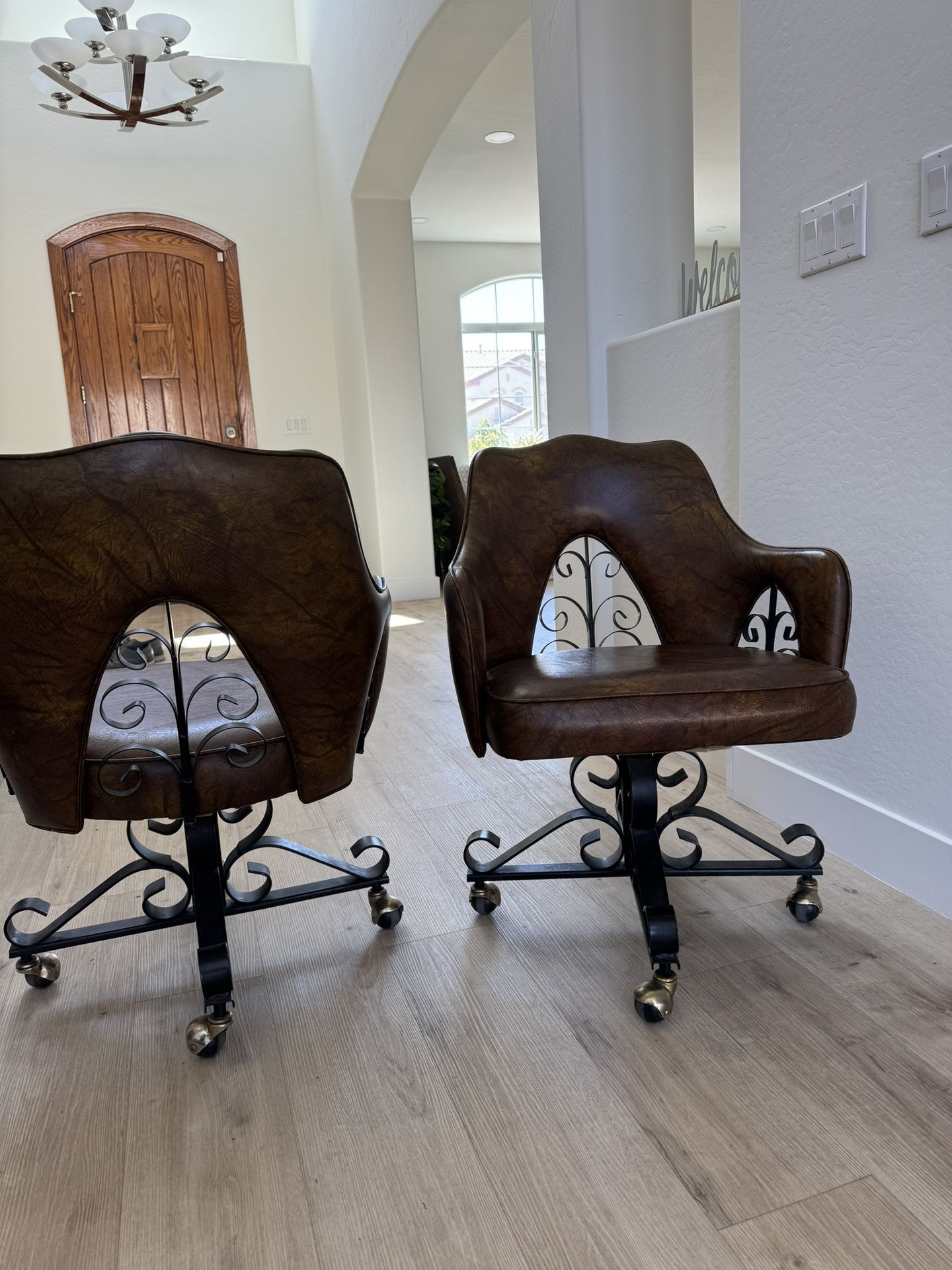 Vintage 70s Douglas Furniture of California leather accent armchair swivel chair & wrought iron