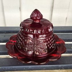 Mosser Glass Ruby Red/ Amberina Grape & Cable Covered Butter Dish