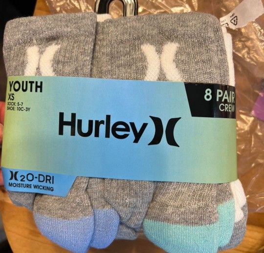 New. 8ct Hurley Crew Socks. Kids  XSmall