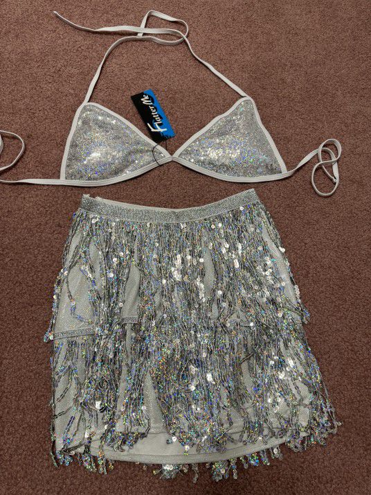 New Med Large Silver Sequin Bikini Skirt Rave Festival Outfit 