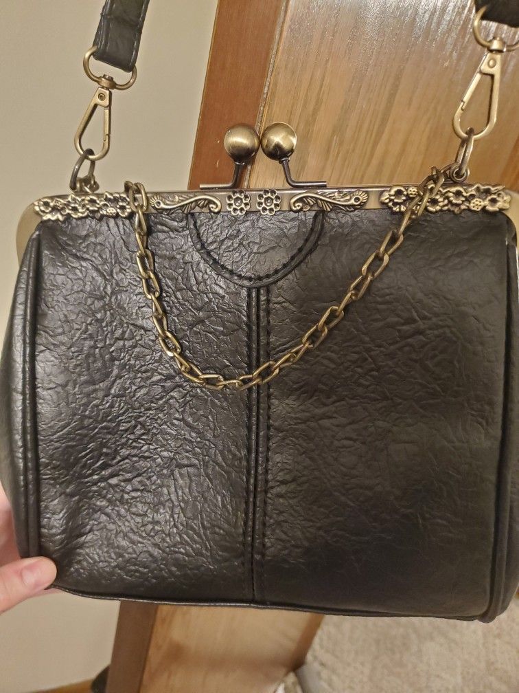 Vintage Style Black Faux Leather Crossbody Bag With Bronze Colored Hardware