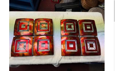 Set of 2 Metal Wall Art Panels – Red, Orange & Gold Geometric, 16" x 16"