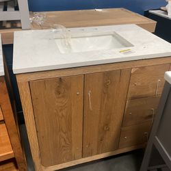 36” Brown Solid Wood Bathroom Vanity With Marble Top (V1270)