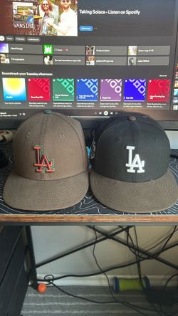 brown red and green, black brown white LA dodgers hat