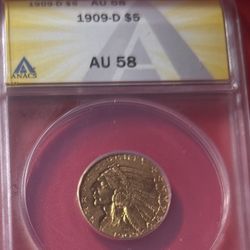 1909 D $5 Gold Indian Half Eagle ANACS AU58 