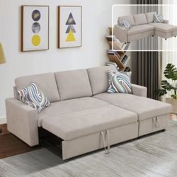Beige Microfiber Sectional Sleeper Pull Out Sofa Couch